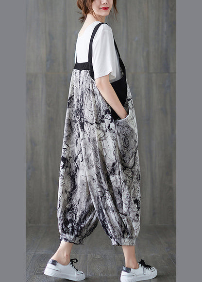 Art Ink Printing Pocket Patchwork Lantern Pant Strap Jumpsuit Spring
