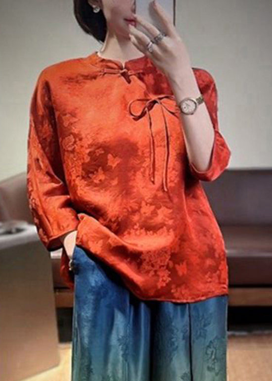 Original Red Stand Collar Chinese Button Bow Silk Top Three Quarter Sleeve