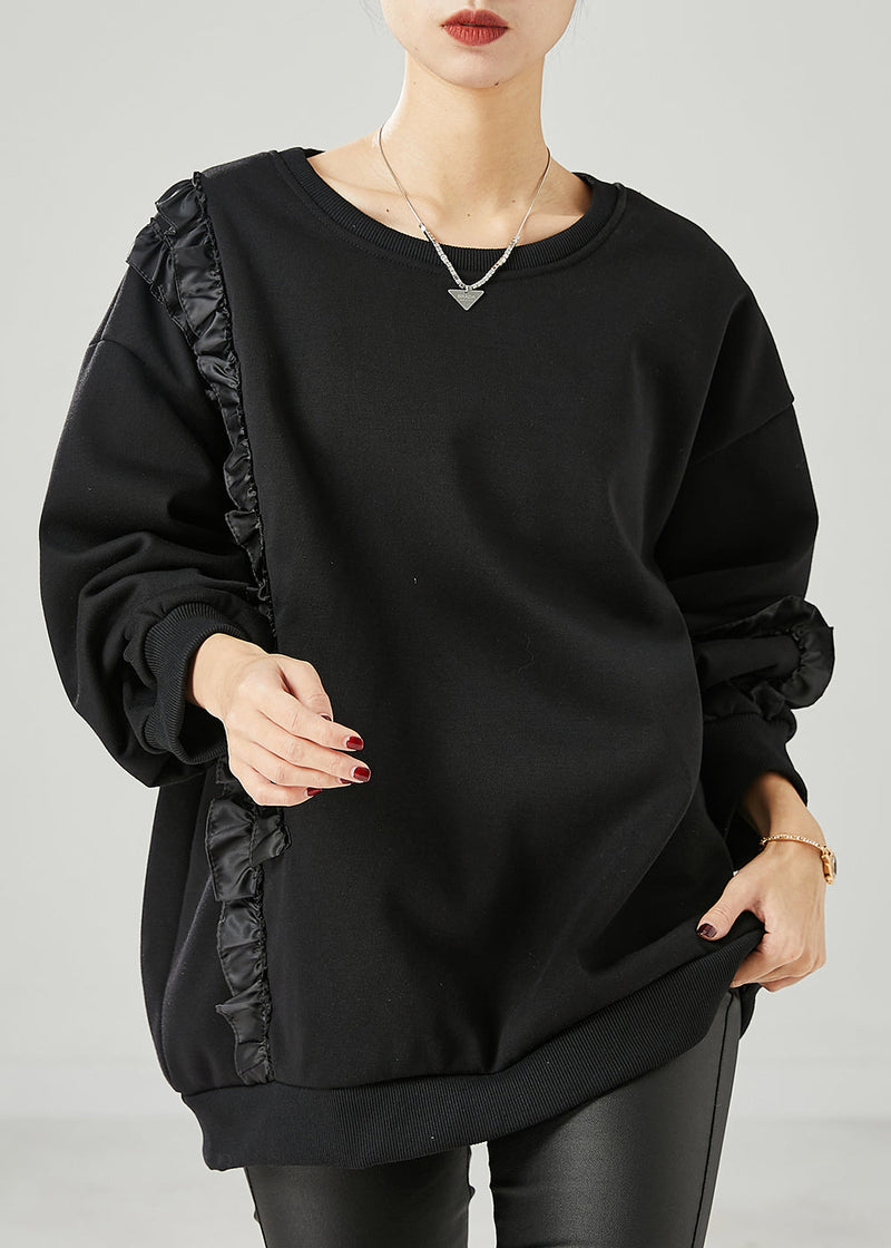 Black Ruffled Patchwork Warm Fleece Sweatshirts Top Spring