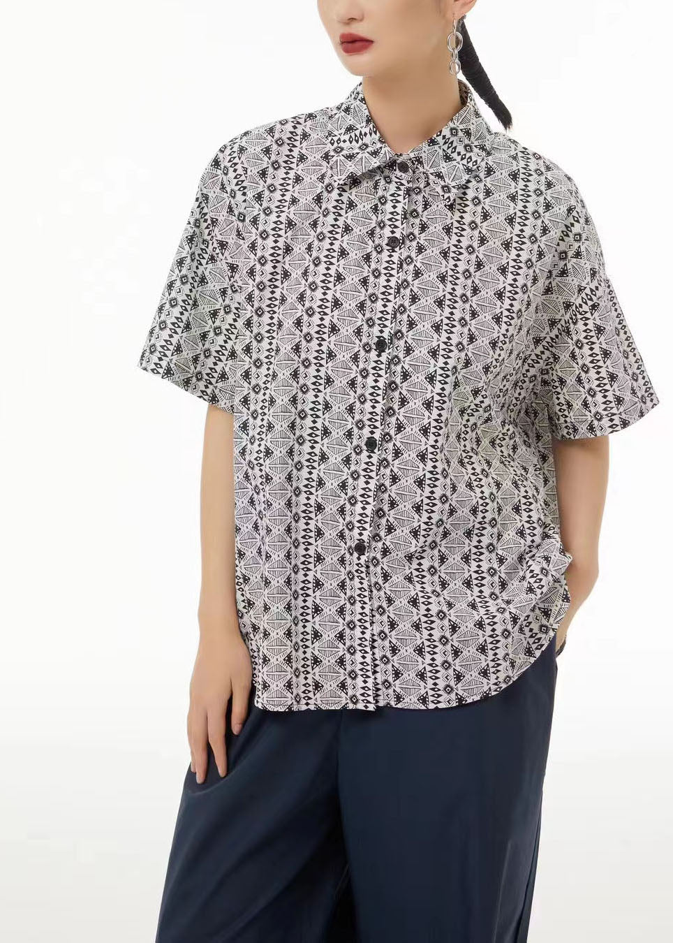 Light Grey Peter Pan Collar Print Cotton Shirt Top Short Sleeve