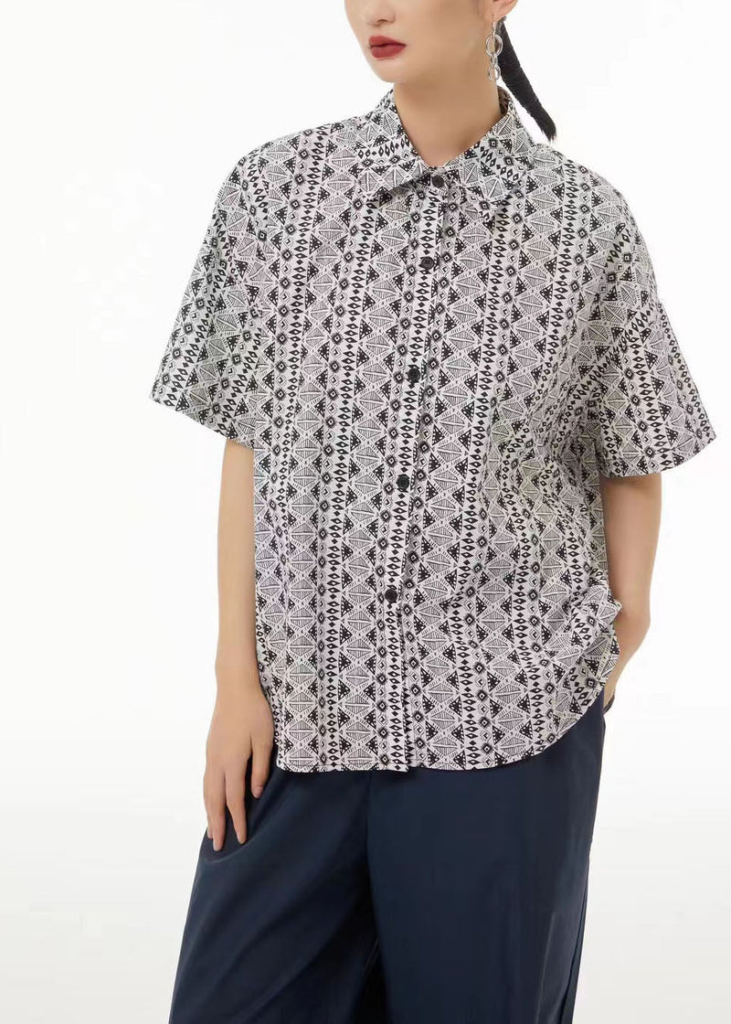 Light Grey Peter Pan Collar Print Cotton Shirt Top Short Sleeve