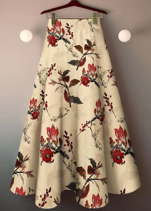 Khaki Print Elastic Waist Cotton Skirt Summer