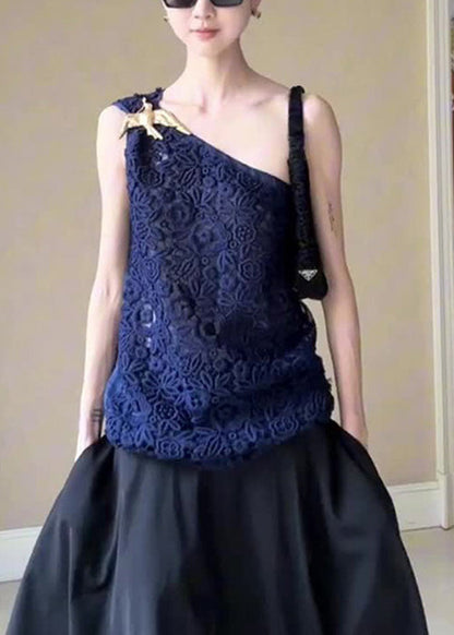 Blue Asymmetrical Hollow Out Tank Sleeveless