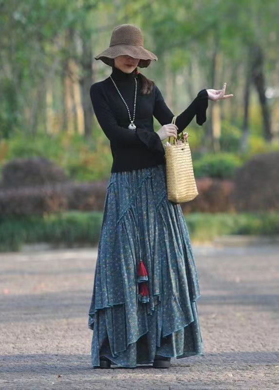 Blue Asymmetrical Print Elastic Waist Cotton Skirts Spring