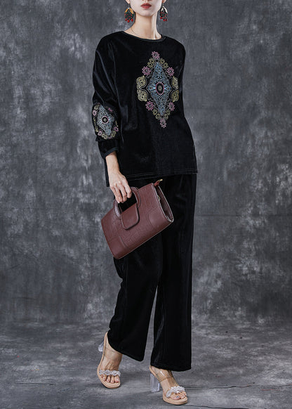 Loose Black O-neck Embroideried Silk Velour Two Piece Suit Set Spring