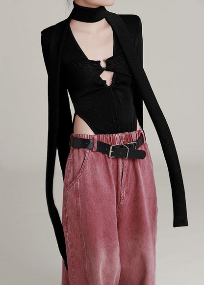 Black U Neck Hollow Out Knit Jumpsuit Long Sleeve