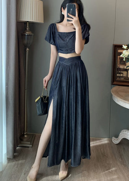Navy Square Collar Side Open Denim Two-piece Set Summer