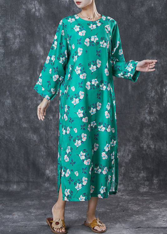 Green Print Side Open Cotton Long Dresses Spring