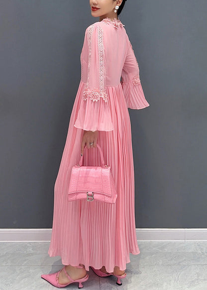 Pink Wrinkled Lace Patchwork Maxi Dress Flare Sleeve