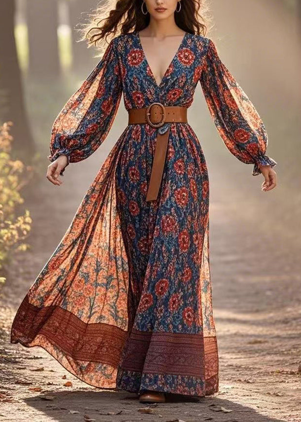 Red Patchwork Tunic Chiffon Long Dress Lantern Sleeve