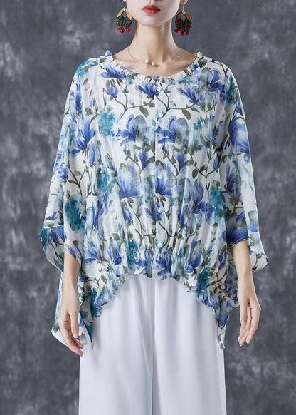 Blue Ruffled Print Cotton Shirt Tops Batwing Sleeve