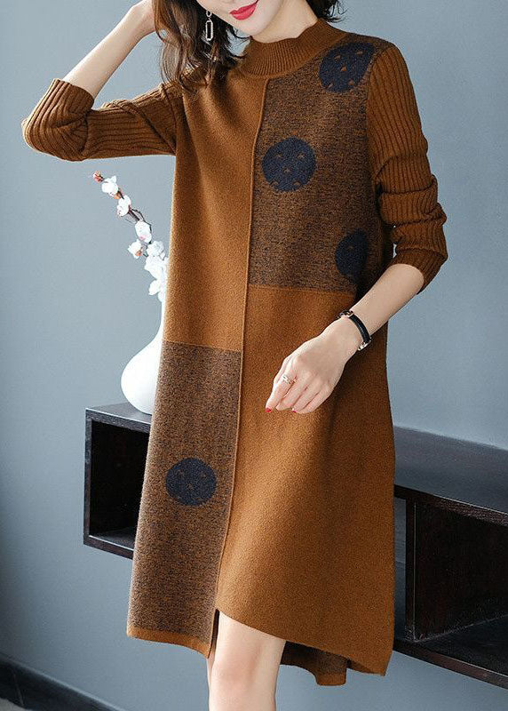 Chocolate High Neck Asymmetrical Design Knit Sweater Dress Long Sleeve