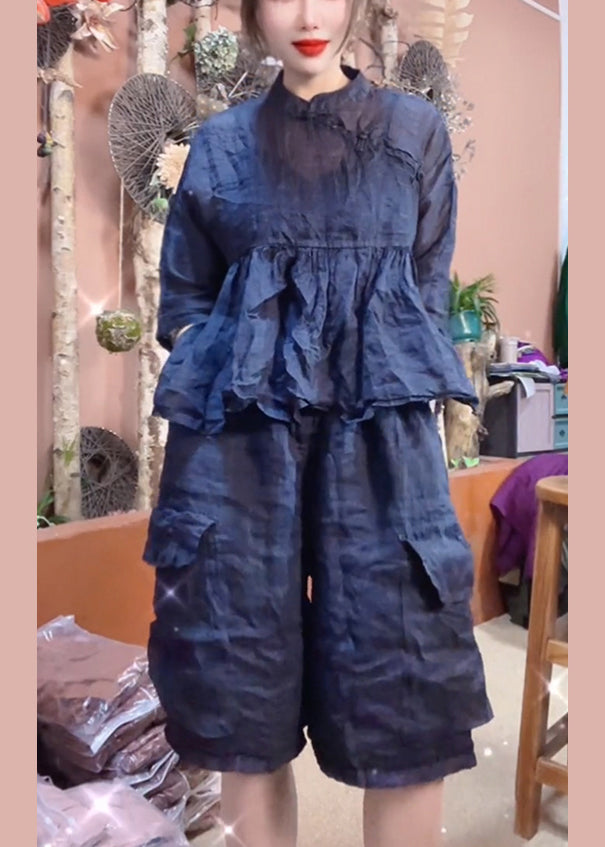 Loose Navy Pockets Linen Two Pieces Set Bracelet Sleeve