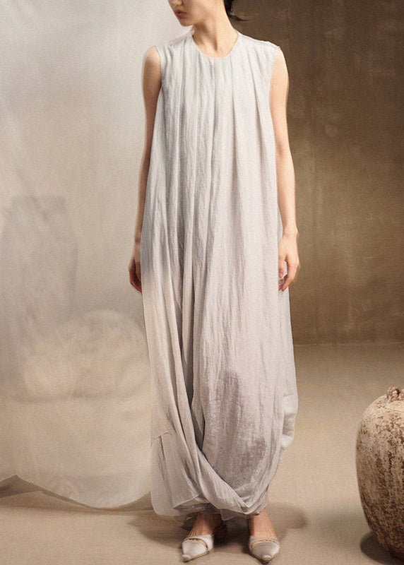 Loose Light Blue O-neck Wrinkled Long Dress Sleeveless