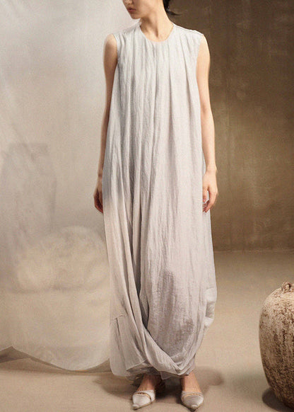 Loose Light Blue O-neck Wrinkled Long Dress Sleeveless