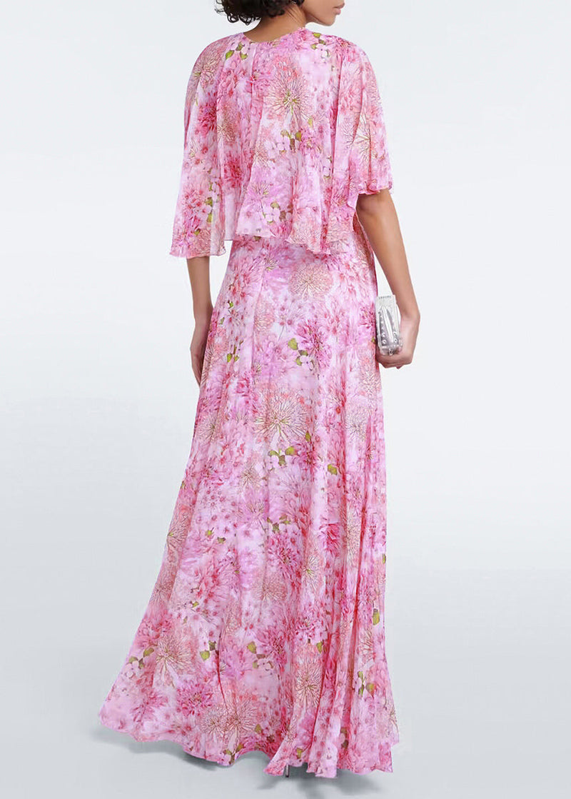 Pink O Neck Print Chiffon Maxi Dresses Butterfly Sleeve