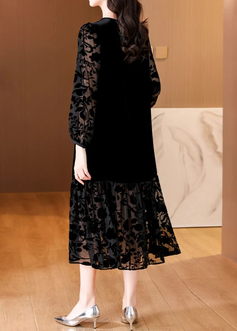 French Black O Neck Pockets Silk Velour Long Dress Spring