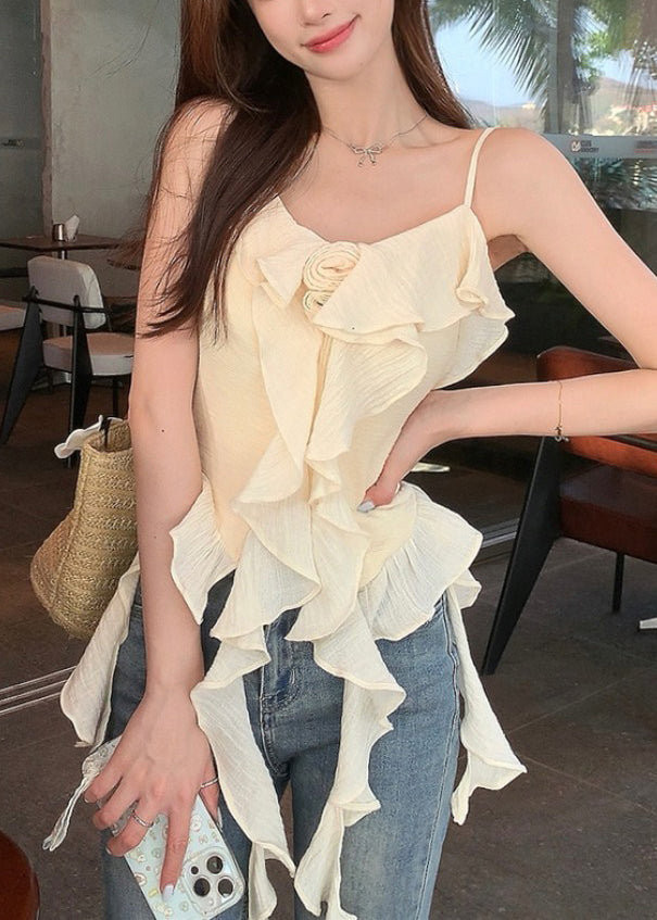 Apricot Ruffled Cotton Spaghetti Strap Tank Sleeveless