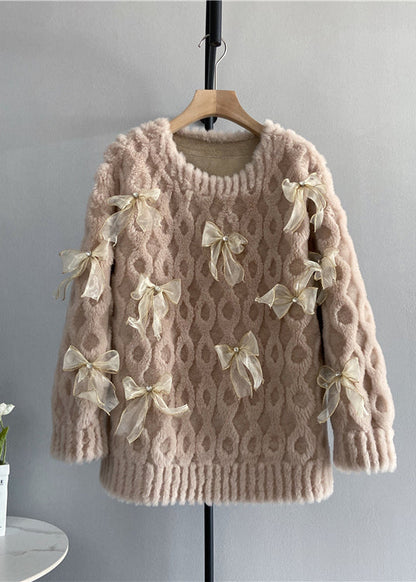 Stylish Blue O Neck Bow Wool Pullover Top Winter
