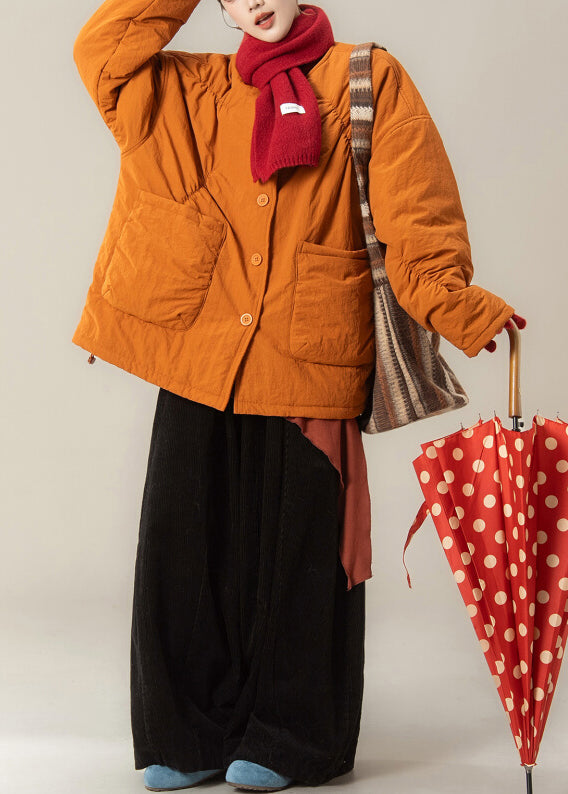 Loose Orange Pockets Parkas and Black Pants Cotton Filled Two Piece Set Winter