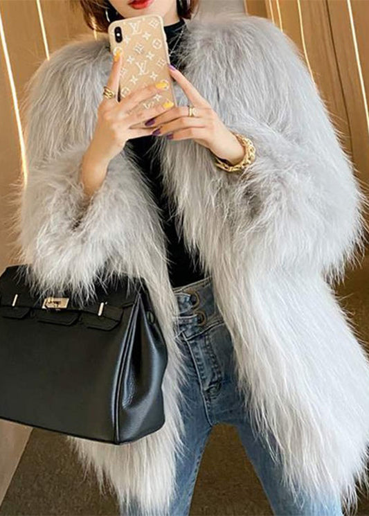 Fine Grey V Neck Leather and Fur Coat Winter