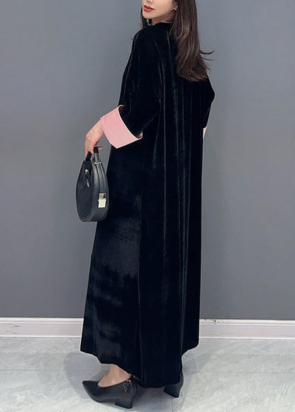 Black Lace Up Side Open Patchwork Velour Long Dress Fall