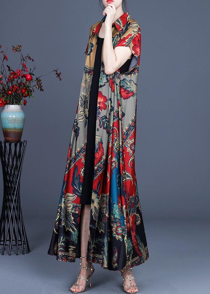 Stylish Red Grey Print Summer Peter Pan Collar Cardigan Long