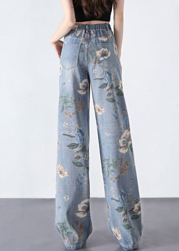Diy Blue Print Zippered Long Straight Jeans