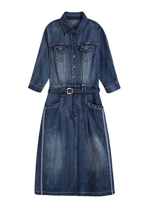 Denim Blue Peter Pan Collar Patchwork Sashes Long Shirts Dresses Fall