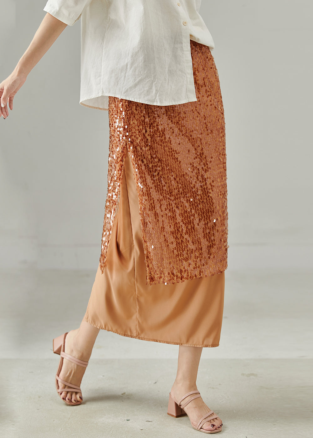 Art Brown Sequins Asymmetrical Design Two-piece Set Spring