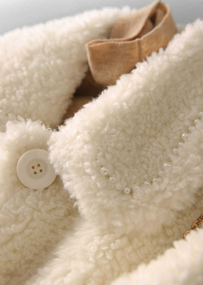 Beige Peter Pan Collar Pockets Patchwork Wool Coats Winter