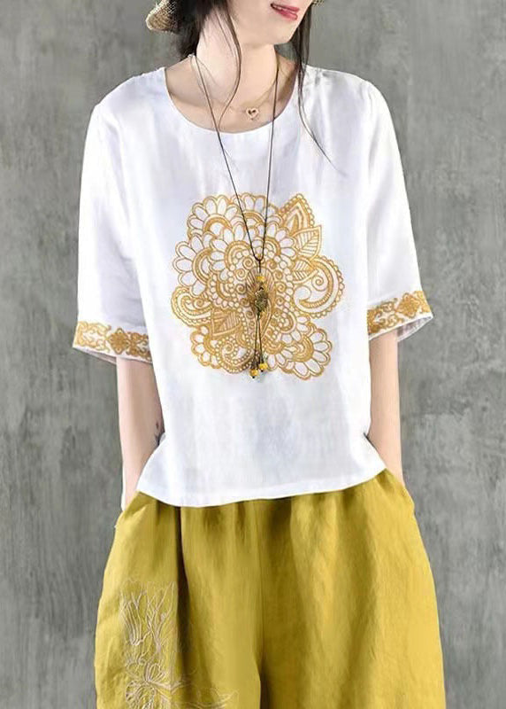 Navy O Neck Embroidered Cotton T Shirt Summer