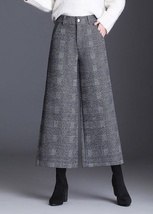 Italian Grey Plaid Pockets Straight Fall Pants