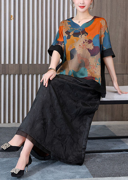 Retro Blue Print V Neck Patchwork Silk Tops and Skirts Two Pieces Set Summer
