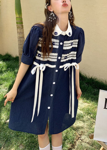 Navy Bow Button Patchwork Nail Bead Fall Short Sleeve Dresses
