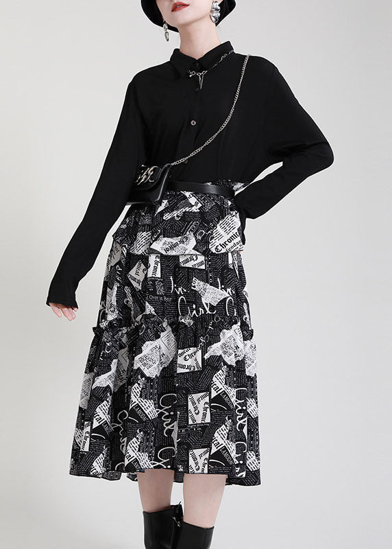 Black Peterpan Collar Patchwork Asymmetrical Design Ruffled Fall Dress Long Sleeve