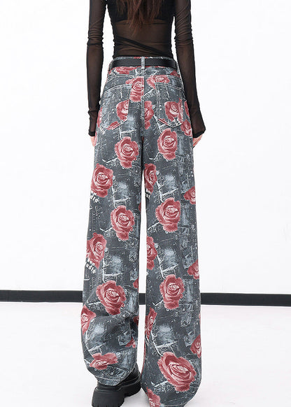Red Pockets Print Denim Wide Leg Pants Fall