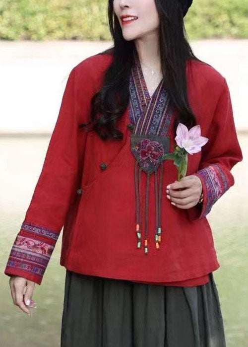 Organic Rose Tie Waist V Neck Embroideried Linen Shirt Spring