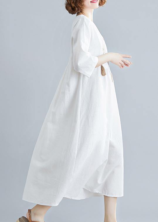 Unique V Neck Tassel Spring White Loose Linen Dress