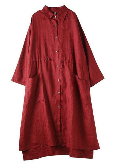 Red Flower Linen Shirt Dress Oversize Spring Maxi Dresses