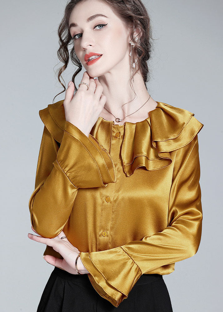 Style Gold Ruffled Patchwork Button Silk Shirt Flare Sleeve Spring