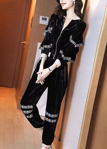 New Black Zippered Ruffled Velourtwo Pieces Set Spring