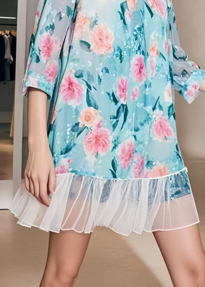 Modern Blue Print Patchwork Chiffon Mini Dress Bracelet Sleeve