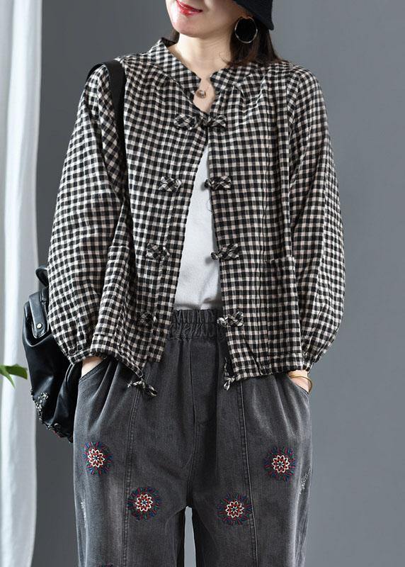 Black O-neck Plaid Fall Long Sleeve Trench