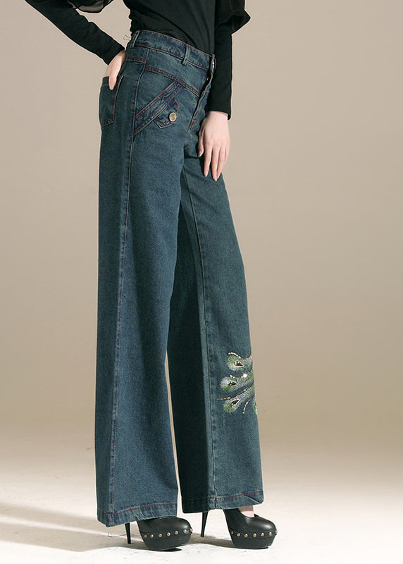 Denim Blue Sequins Embroideried Pockets Cotton Wide Leg Pants Summer