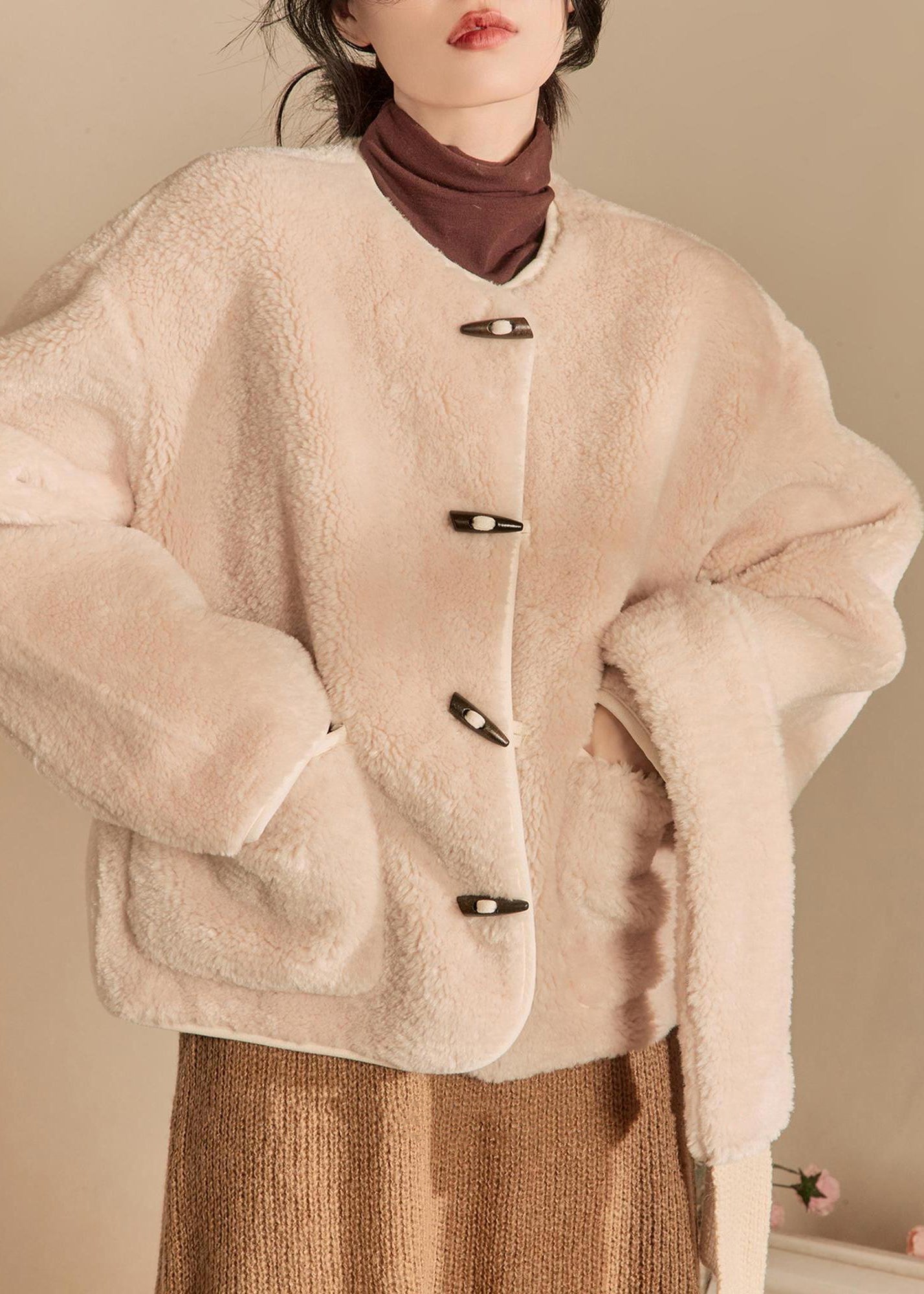 Beige Scarf Original Design Teddy Faux Fur Coats Winter