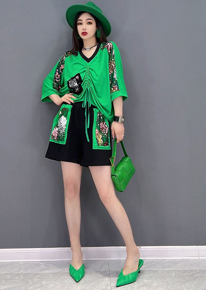Art Green V Neck Drawstring Patchwork Print Cotton Tanks and Shorts Two Piece Set Summer
