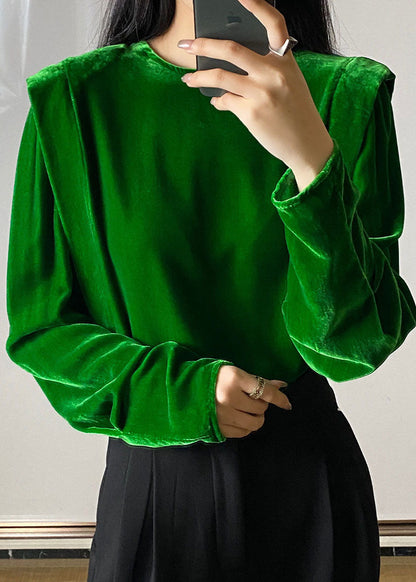 Green Silk Velour Tops Button O-neck Long Sleeve