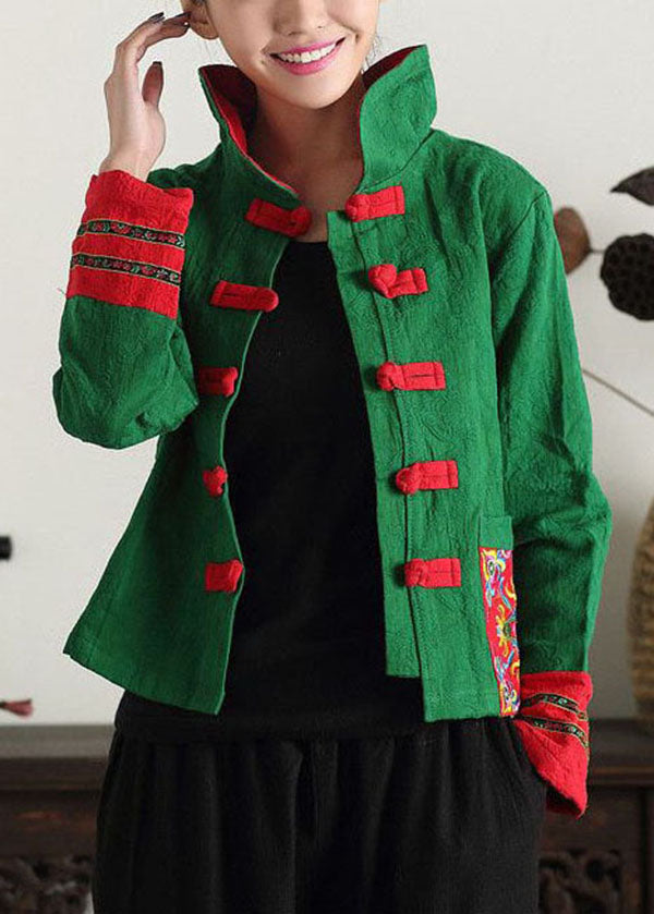 Unique Green Stand Collar Print Patchwork Cotton Chinese Style Coats Spring