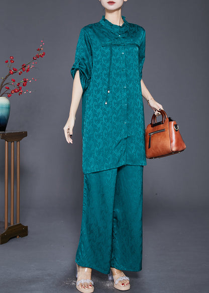 Green Ruffled Tasseled Silk Sets 2 Pieces Fall